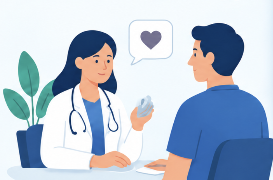 Médica conversando con un paciente durante una consulta